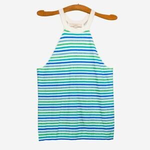 Women's Large LOFT Halter Tank White Blue Green Striped Lightweight Knit Top